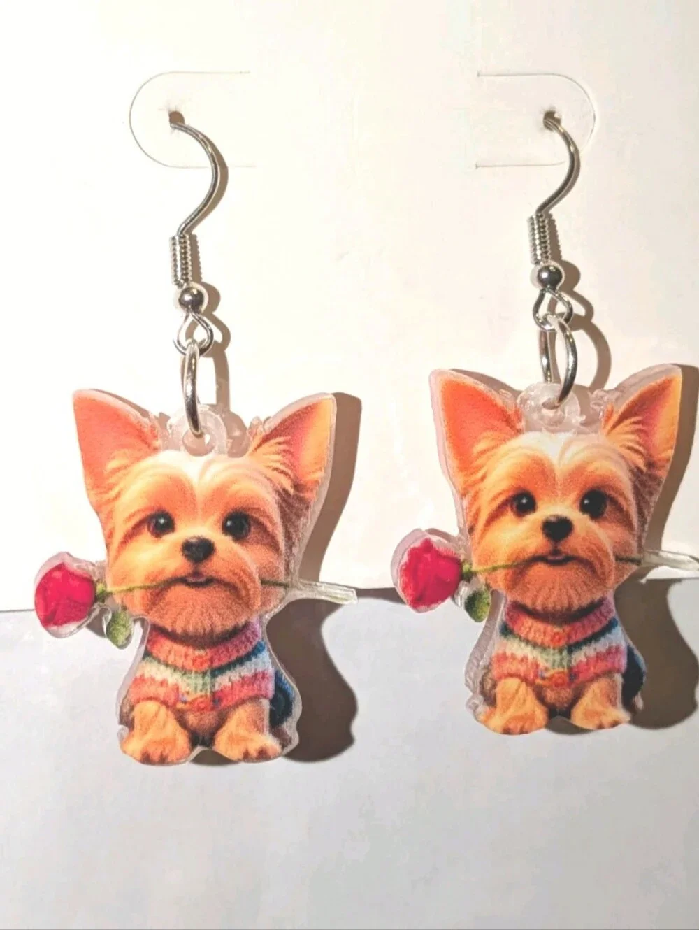 Hand Crafted Yorkie Puppy Earrings with Red Rose